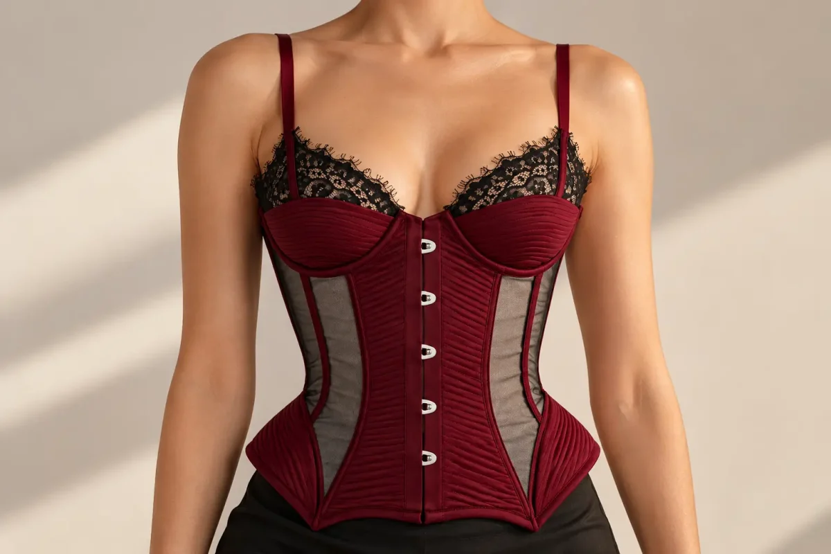 Burgundy corset top outfit: a burgundy corset top with straps and a silver pendant necklace
