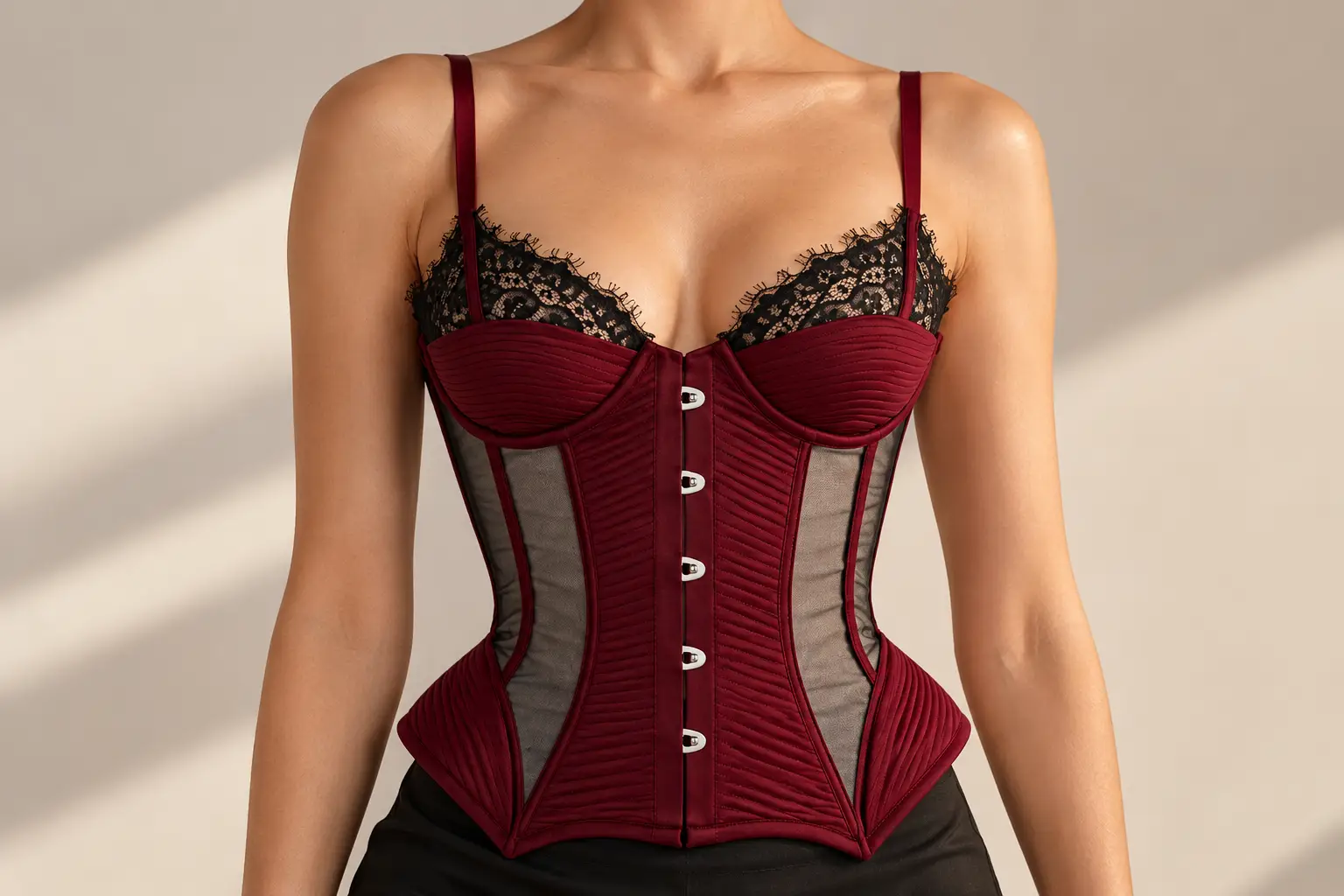 Burgundy corset top outfit: a burgundy corset top with straps and a silver pendant necklace