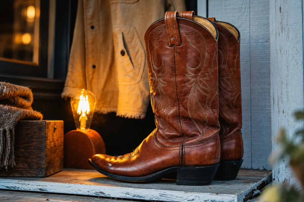 Pair of brown leather boots with a stacked heel, a classic choice for a satin skirt with boots in fall
